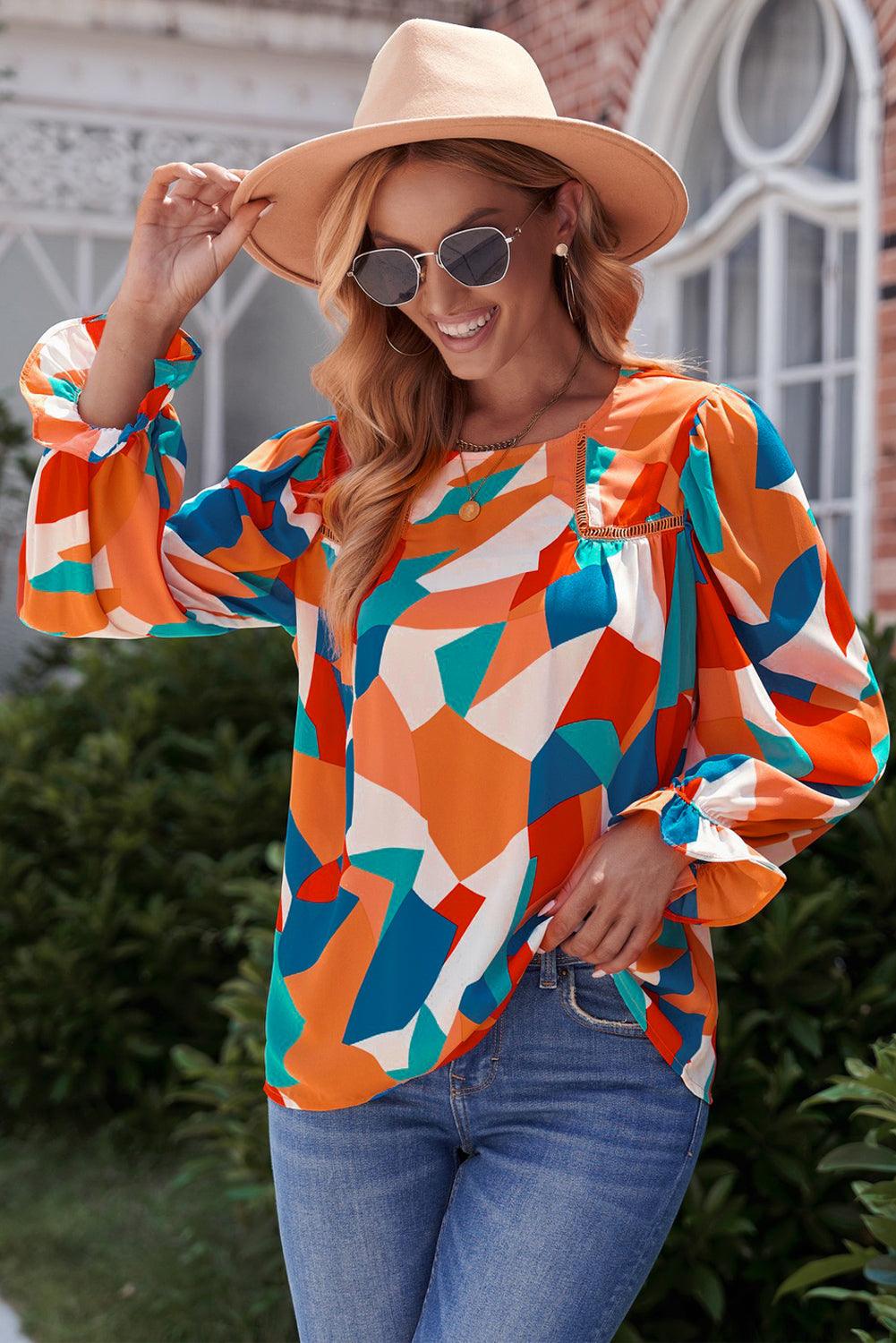 Geometric Flounce Sleeve Blouse - Olive Ave