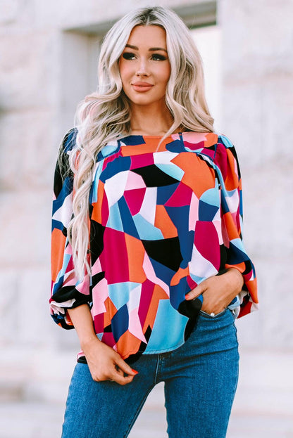 Geometric Flounce Sleeve Blouse - Olive Ave