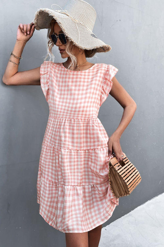 Gingham Ruffle Shoulder Tiered Dress - Olive Ave