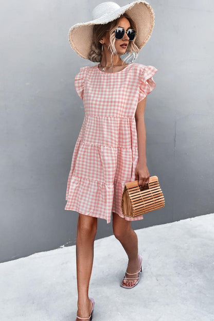 Gingham Ruffle Shoulder Tiered Dress - Olive Ave