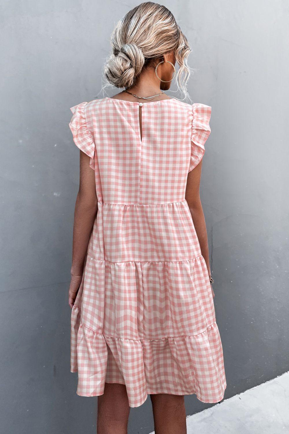 Gingham Ruffle Shoulder Tiered Dress - Olive Ave