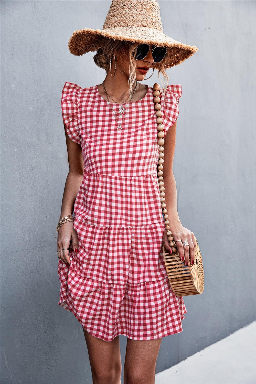 Gingham Ruffle Shoulder Tiered Dress - Olive Ave