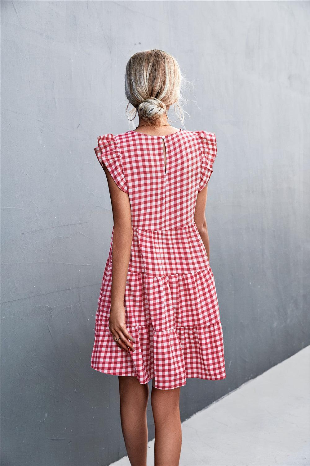 Gingham Ruffle Shoulder Tiered Dress - Olive Ave