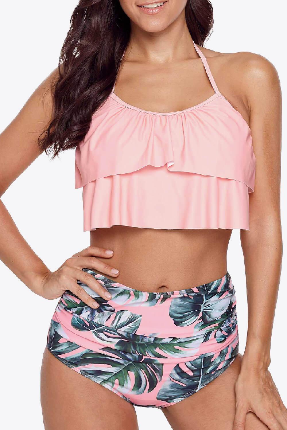 Halter Neck Crop Swim Top and Botanical Print Swim Bottoms Set - Olive Ave