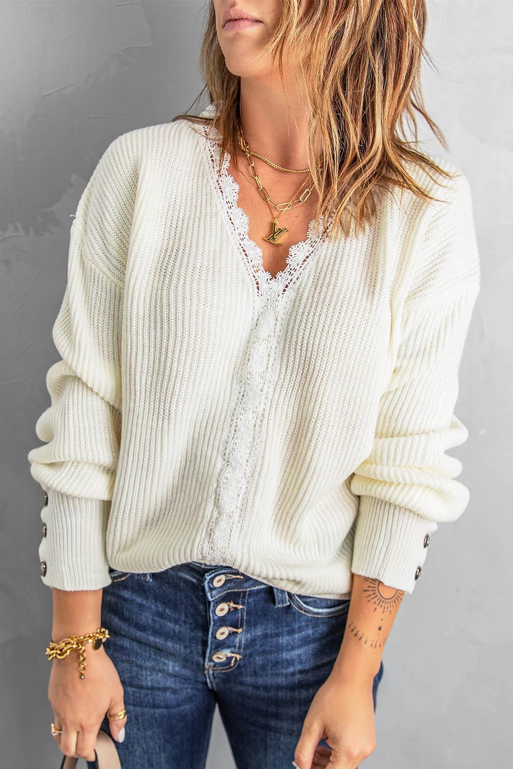 Lace Trim V-Neck Rib-Knit Sweater - Olive Ave