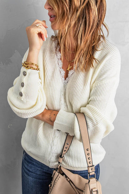 Lace Trim V-Neck Rib-Knit Sweater - Olive Ave