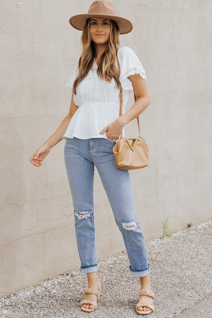 Lace Trim V-Neck Tied Peplum Blouse - Olive Ave