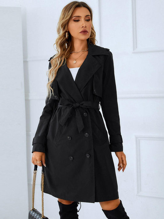 Lapel Collar Double-Breasted Trench Coat - Olive Ave