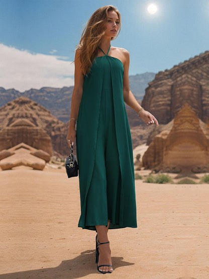 Layered Halter Wide Leg Jumpsuit - Olive Ave