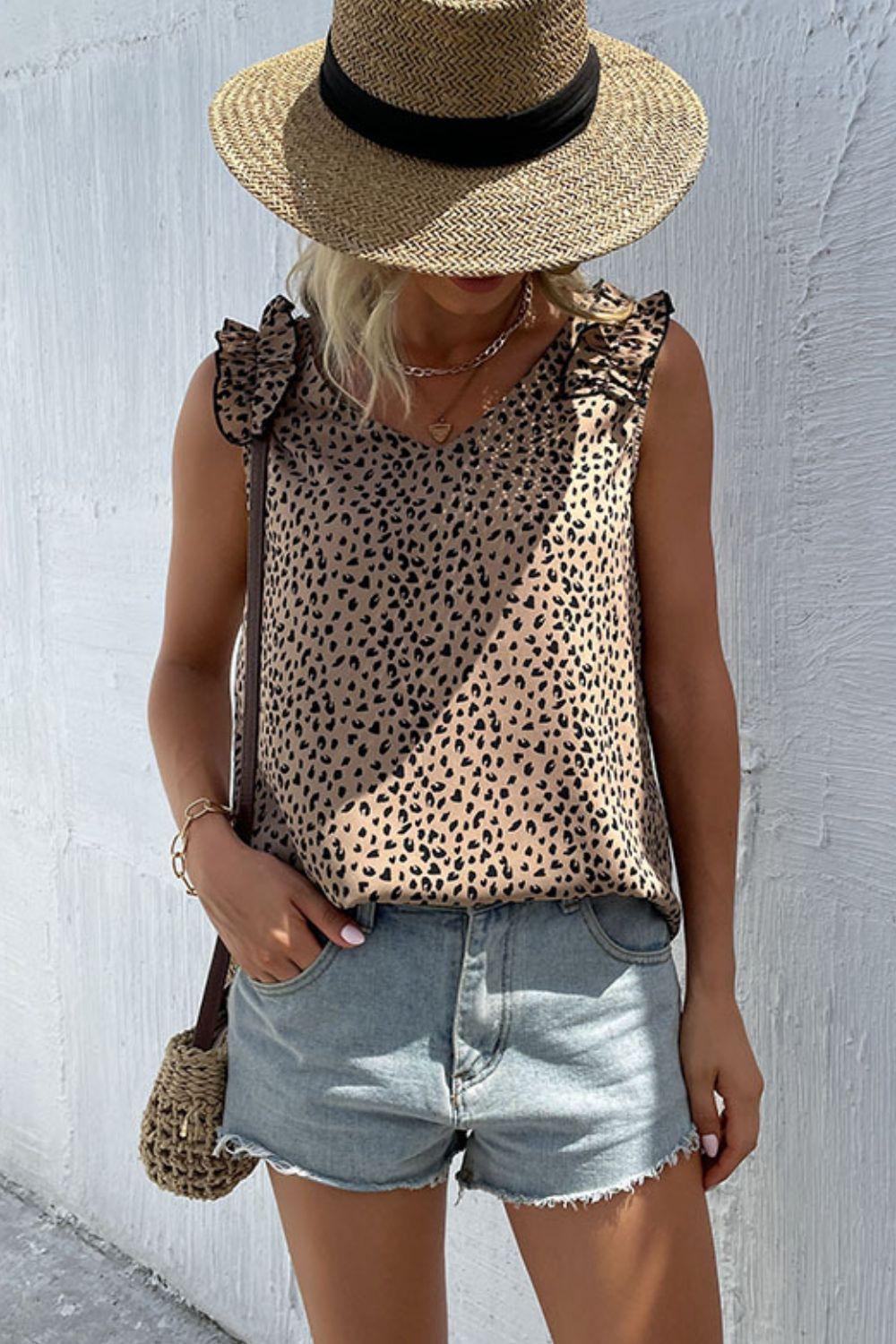 Leopard Frill Trim V-Neck Tank - Olive Ave