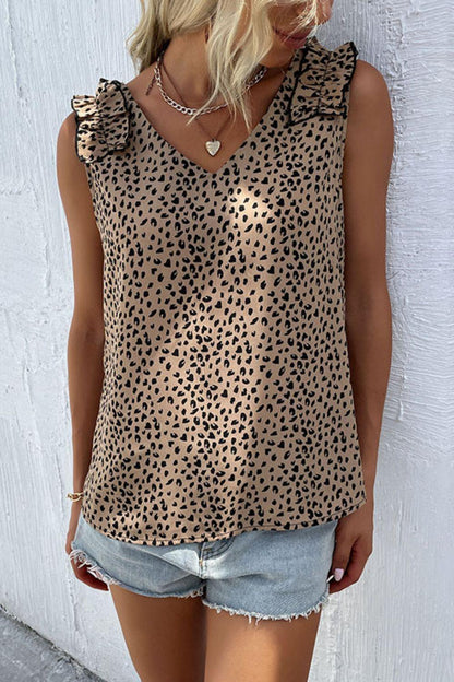 Leopard Frill Trim V-Neck Tank - Olive Ave