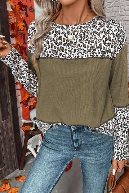 Leopard Waffle-knit Long Sleeve Top - Olive Ave