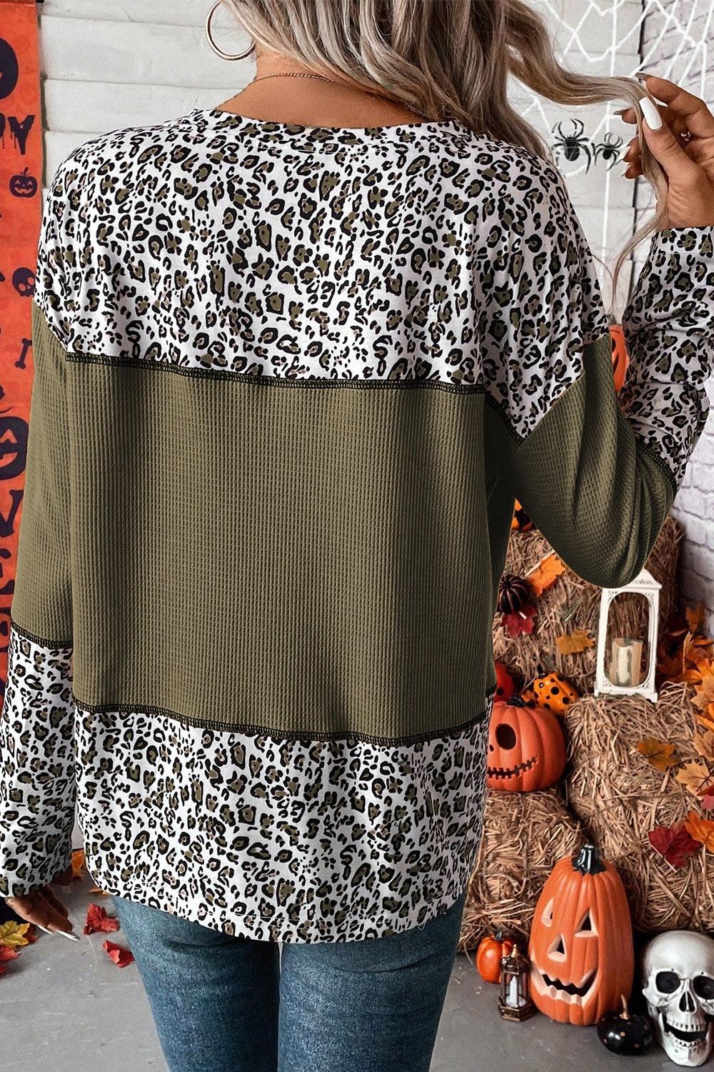 Leopard Waffle-knit Long Sleeve Top - Olive Ave