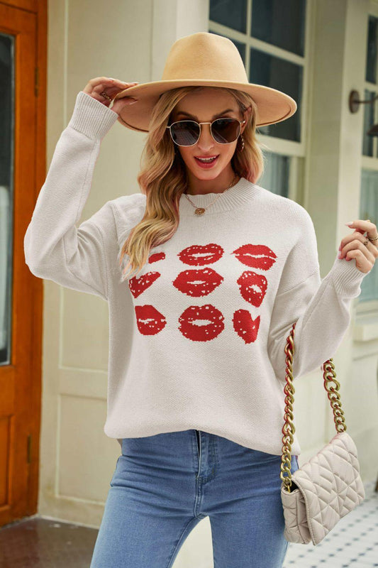 Lip Graphic Slit Sweater - Olive Ave