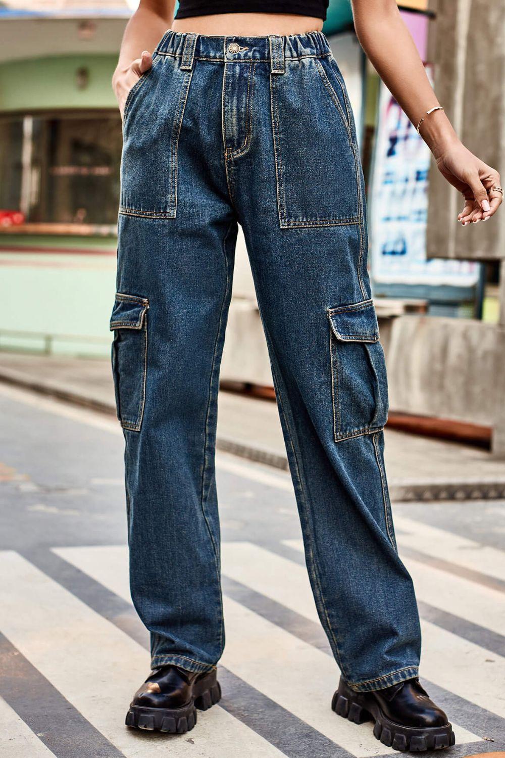 Long Straight Leg Jeans with Pockets - Olive Ave