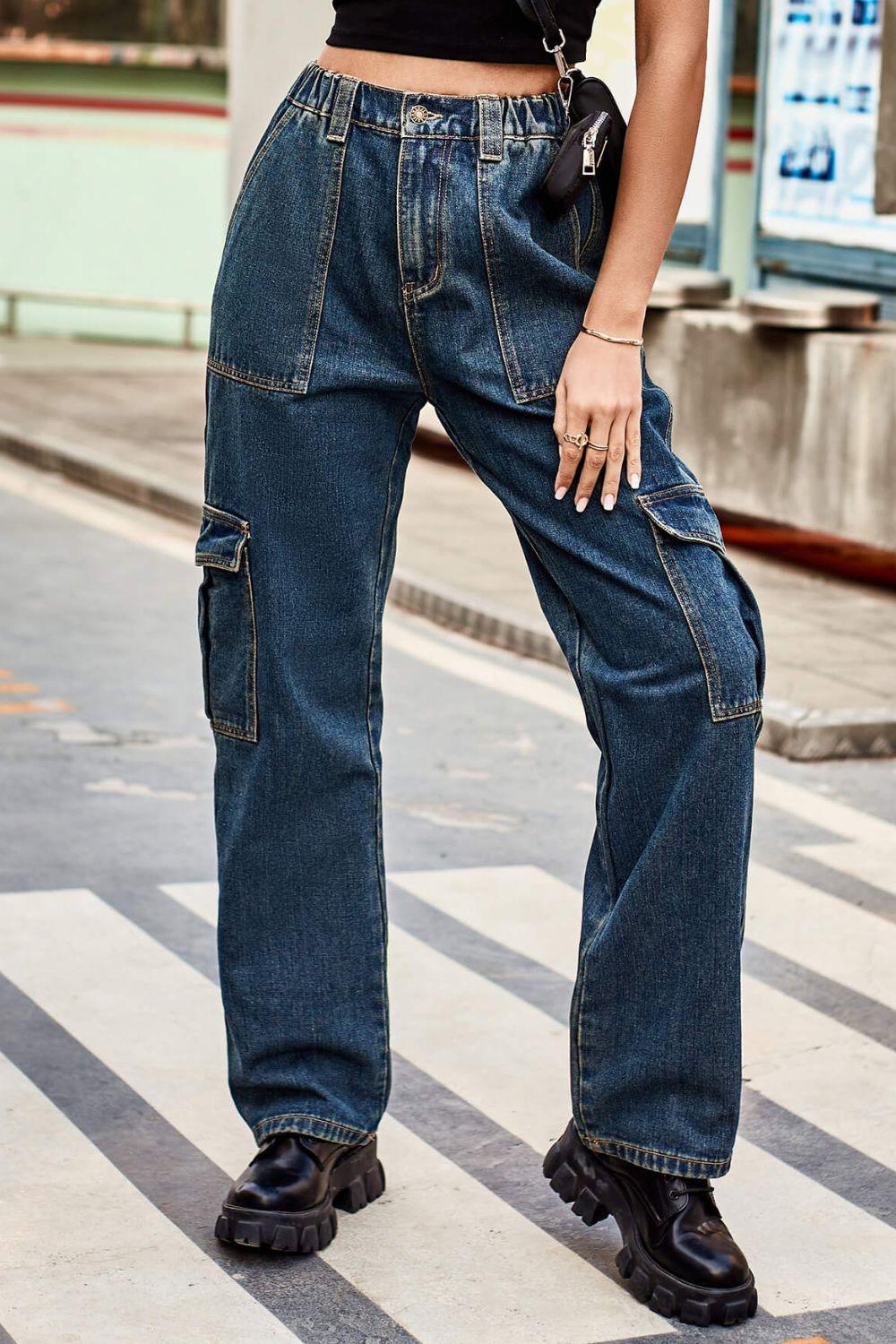 Long Straight Leg Jeans with Pockets - Olive Ave