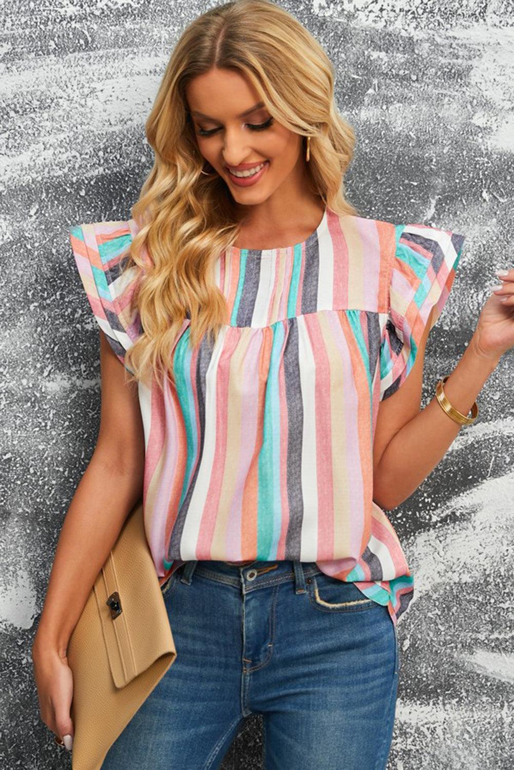 Multicolored Stripe Flutter Sleeve Blouse - Olive Ave