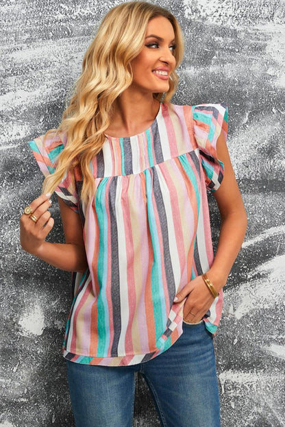 Multicolored Stripe Flutter Sleeve Blouse - Olive Ave