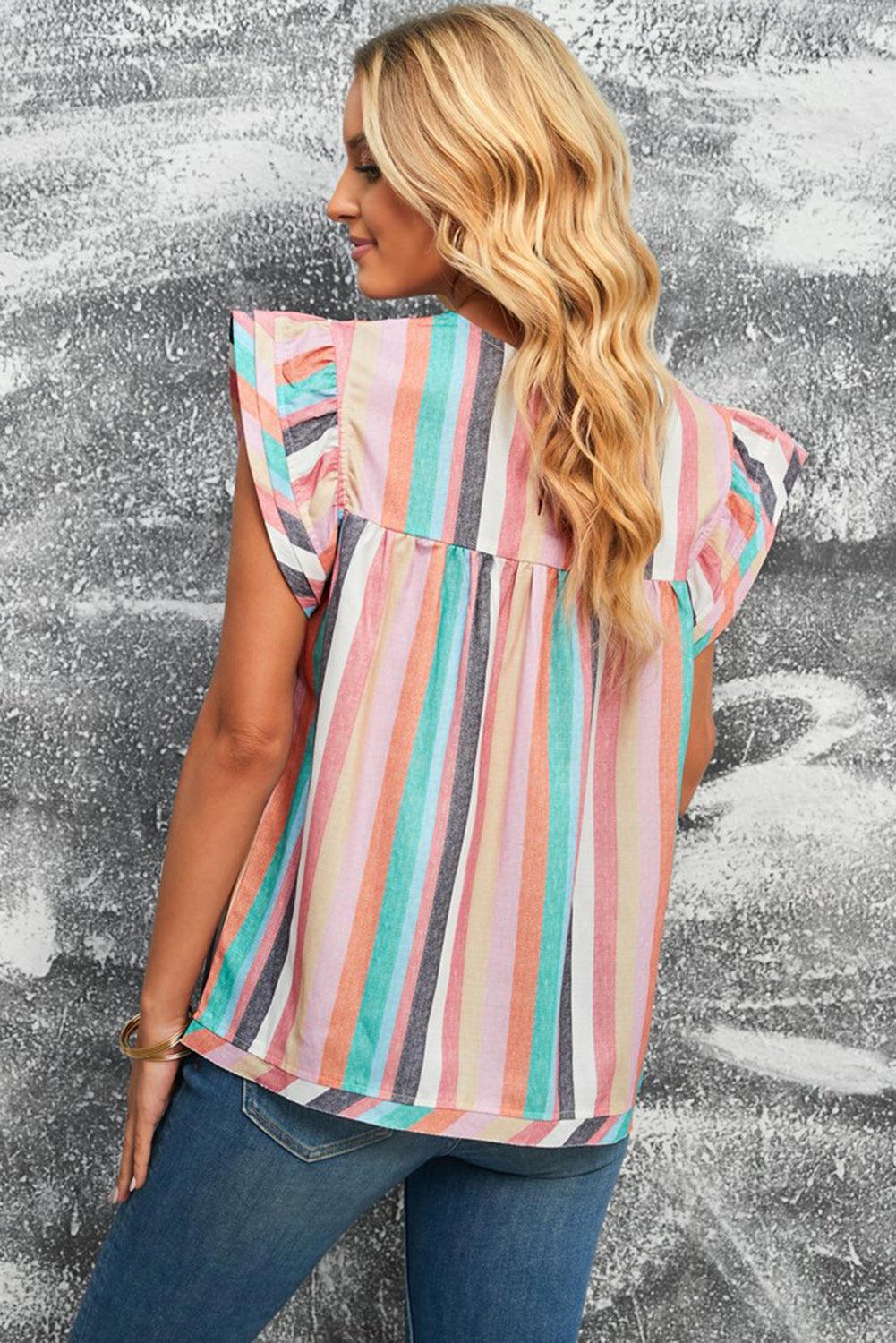 Multicolored Stripe Flutter Sleeve Blouse - Olive Ave