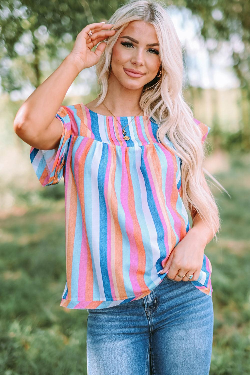 Multicolored Stripe Flutter Sleeve Blouse - Olive Ave