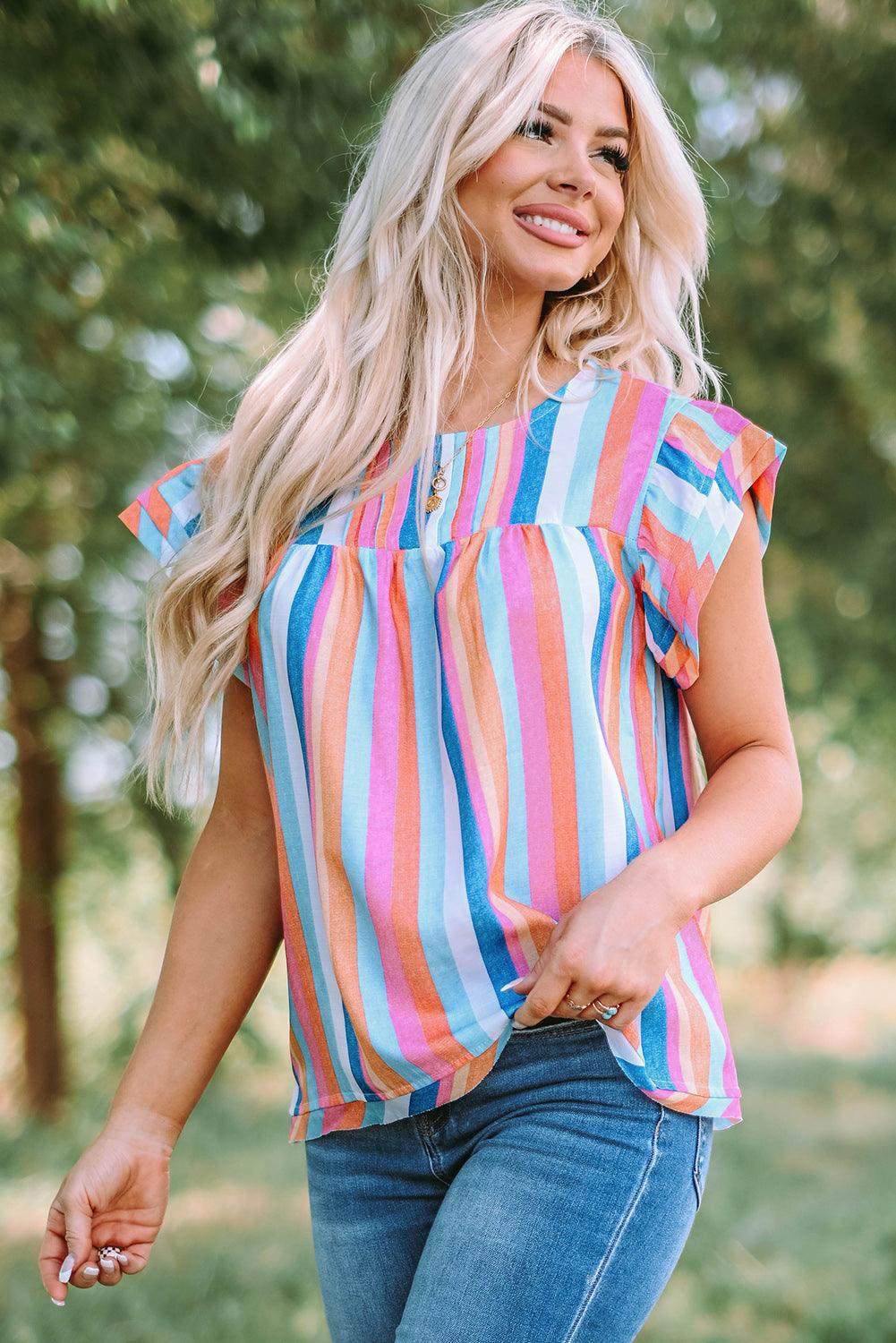 Multicolored Stripe Flutter Sleeve Blouse - Olive Ave