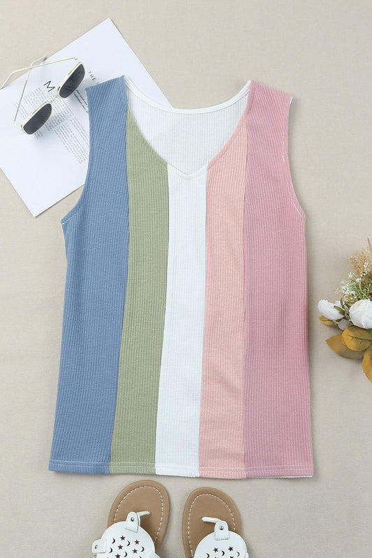 Multicolored Striped Waffle-Knit Sleeveless Tank - Olive Ave