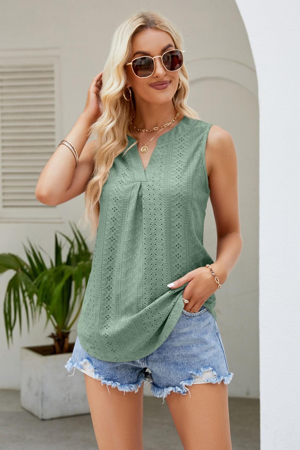 Notched Neck Eyelet Tank - Olive Ave