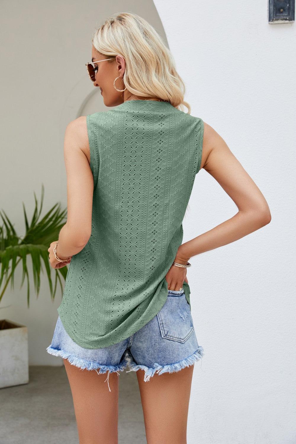 Notched Neck Eyelet Tank - Olive Ave