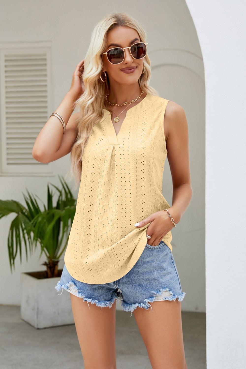 Notched Neck Eyelet Tank - Olive Ave