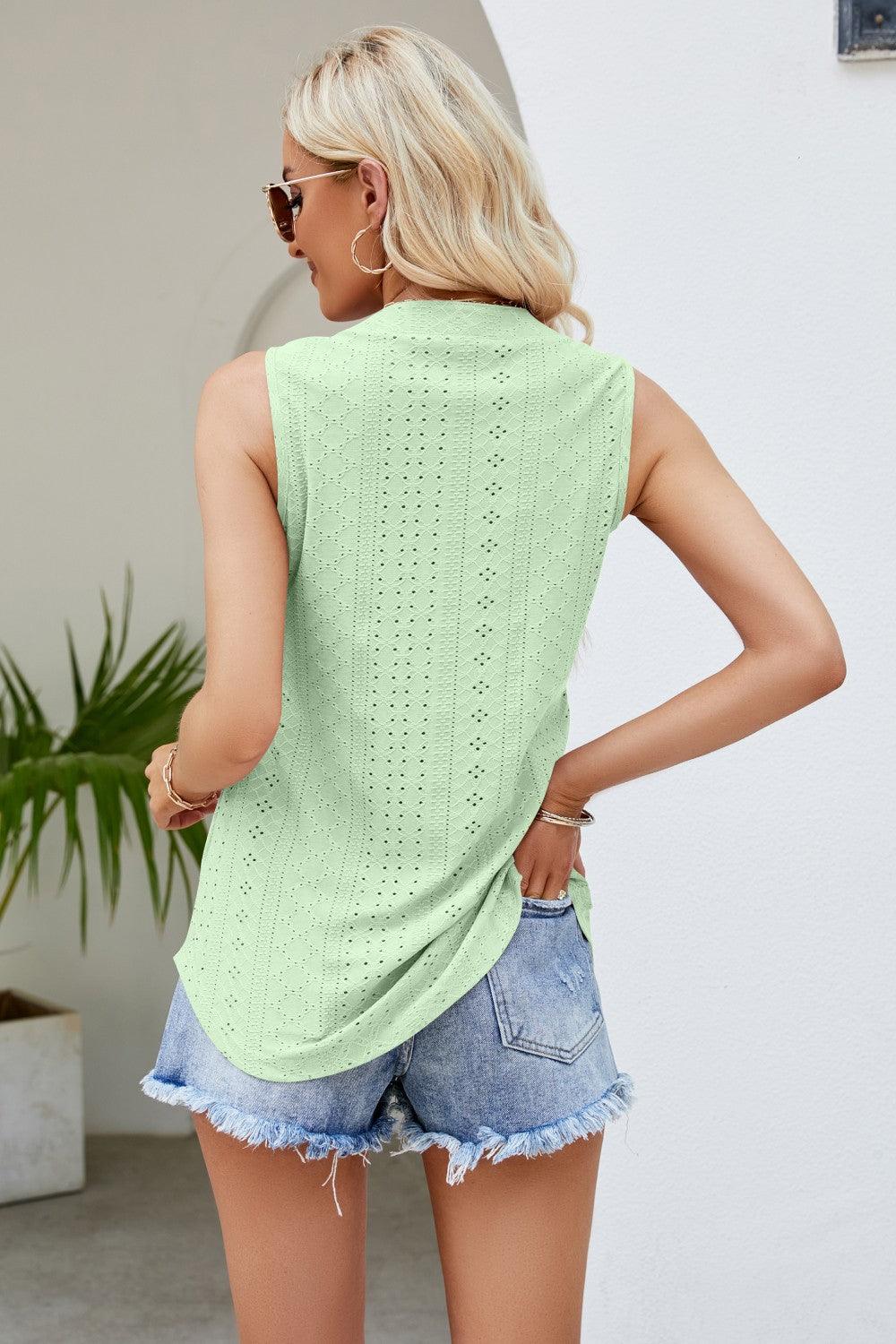 Notched Neck Eyelet Tank - Olive Ave