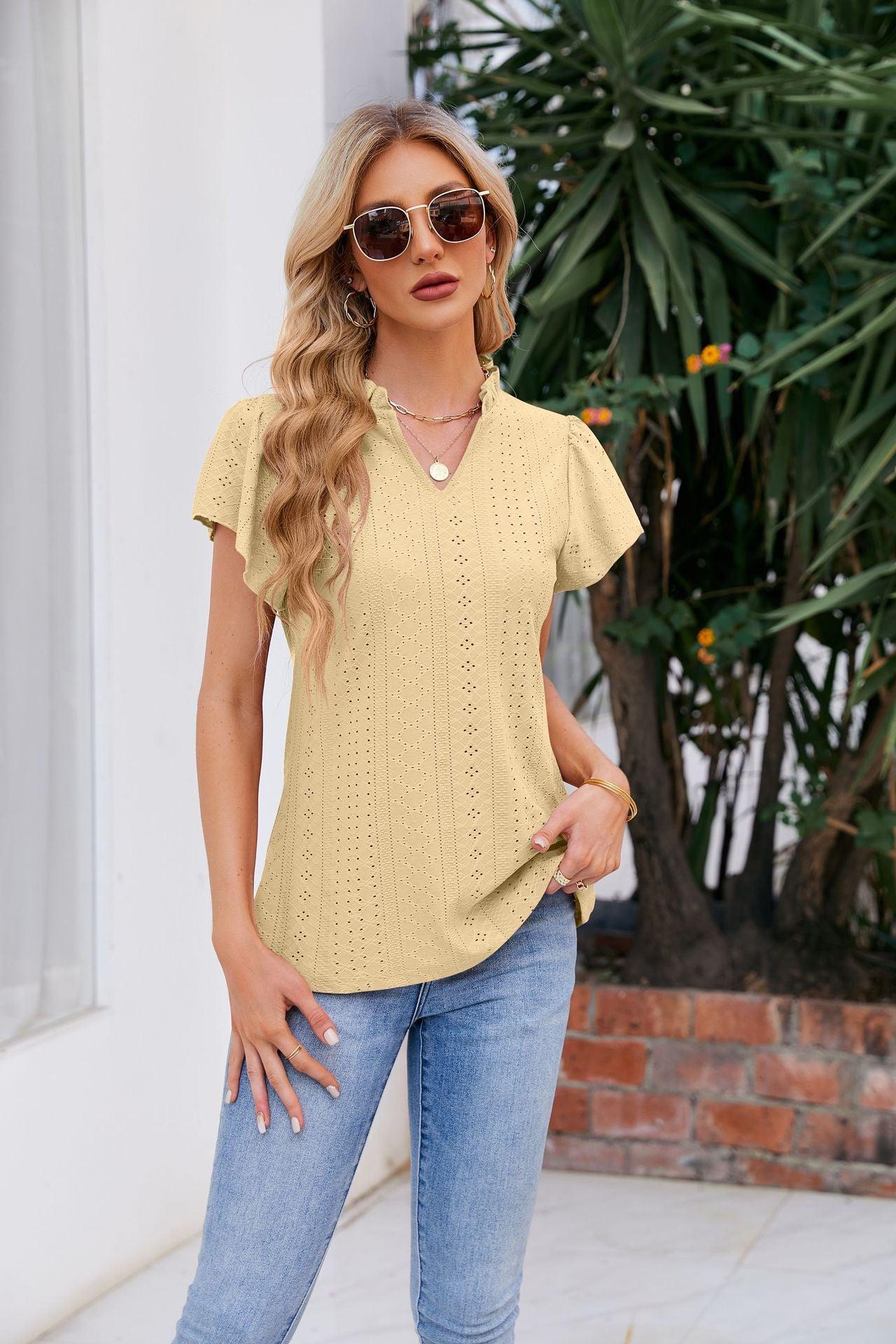 Notched Neck Puff Sleeve Blouse - Olive Ave