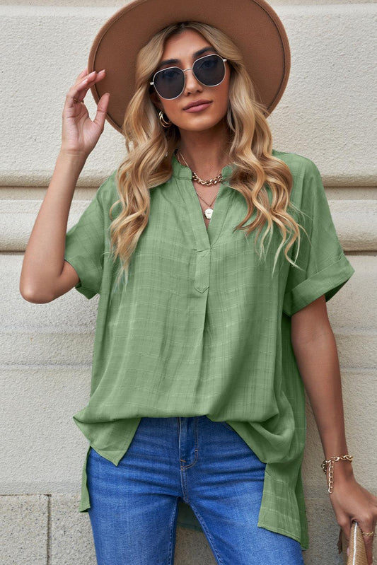 Notched Side Slit Cuffed Blouse in 6 Colors - Olive Ave