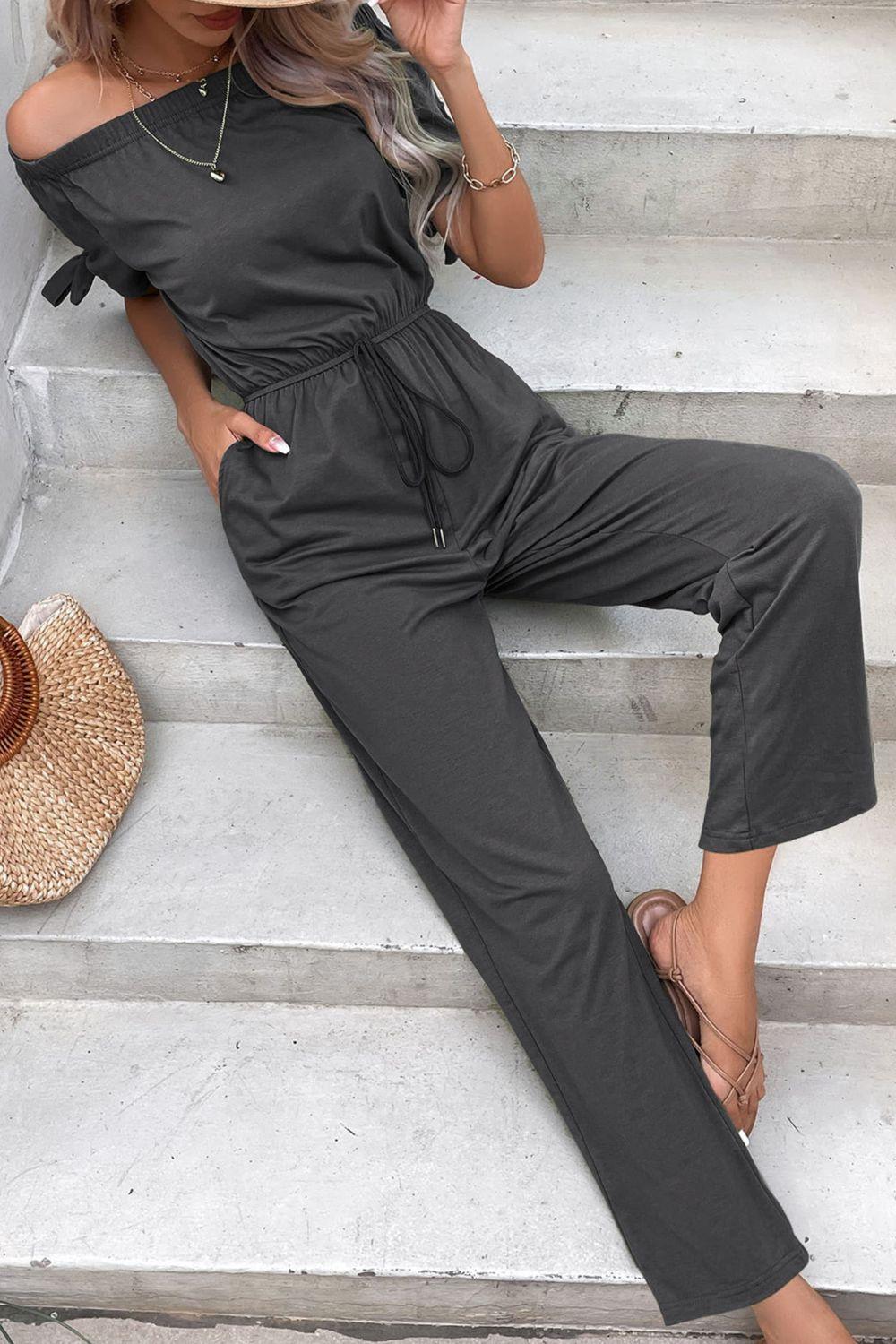 Off-Shoulder Tie Cuff Jumpsuit with Pockets - Olive Ave