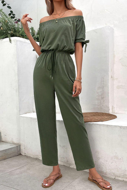 Off-Shoulder Tie Cuff Jumpsuit with Pockets - Olive Ave
