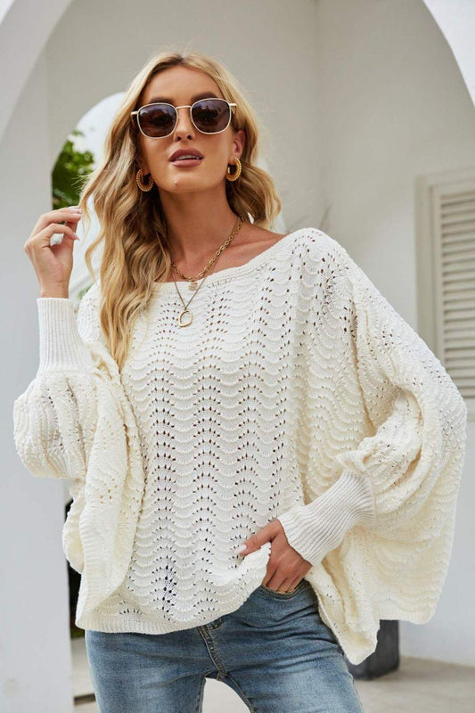 Openwork Boat Neck Sweater - Olive Ave