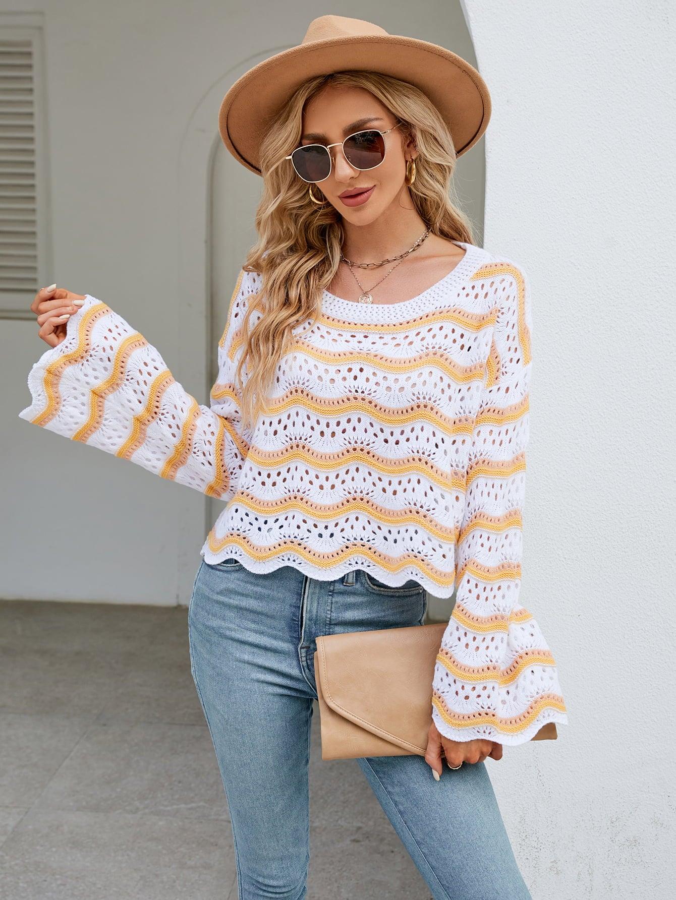 Openwork Flare Sleeve Knit Top - Olive Ave