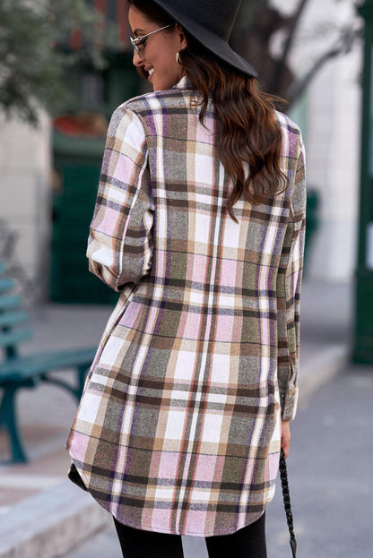 Plaid Button-Up Longline Shirt Jacket - Olive Ave