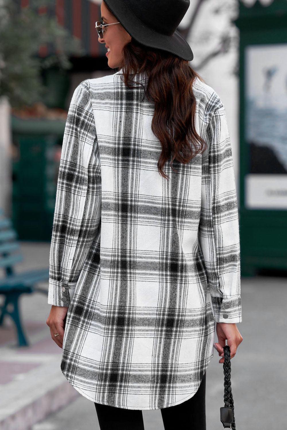 Plaid Button-Up Longline Shirt Jacket - Olive Ave