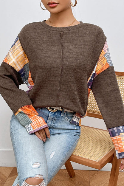 Plaid Exposed Seam Sweatshirt - Olive Ave