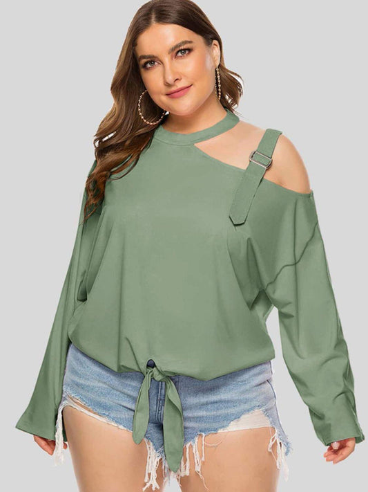 Plus Size Cold-Shoulder Tied Top in 3 Colors - Olive Ave