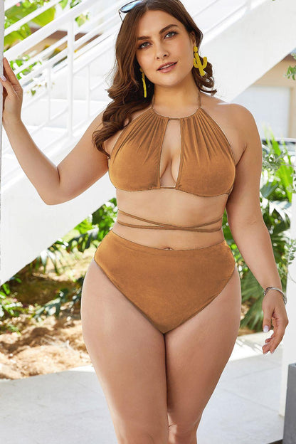 Plus Size Cutout Tied Backless Bikini Set - Olive Ave