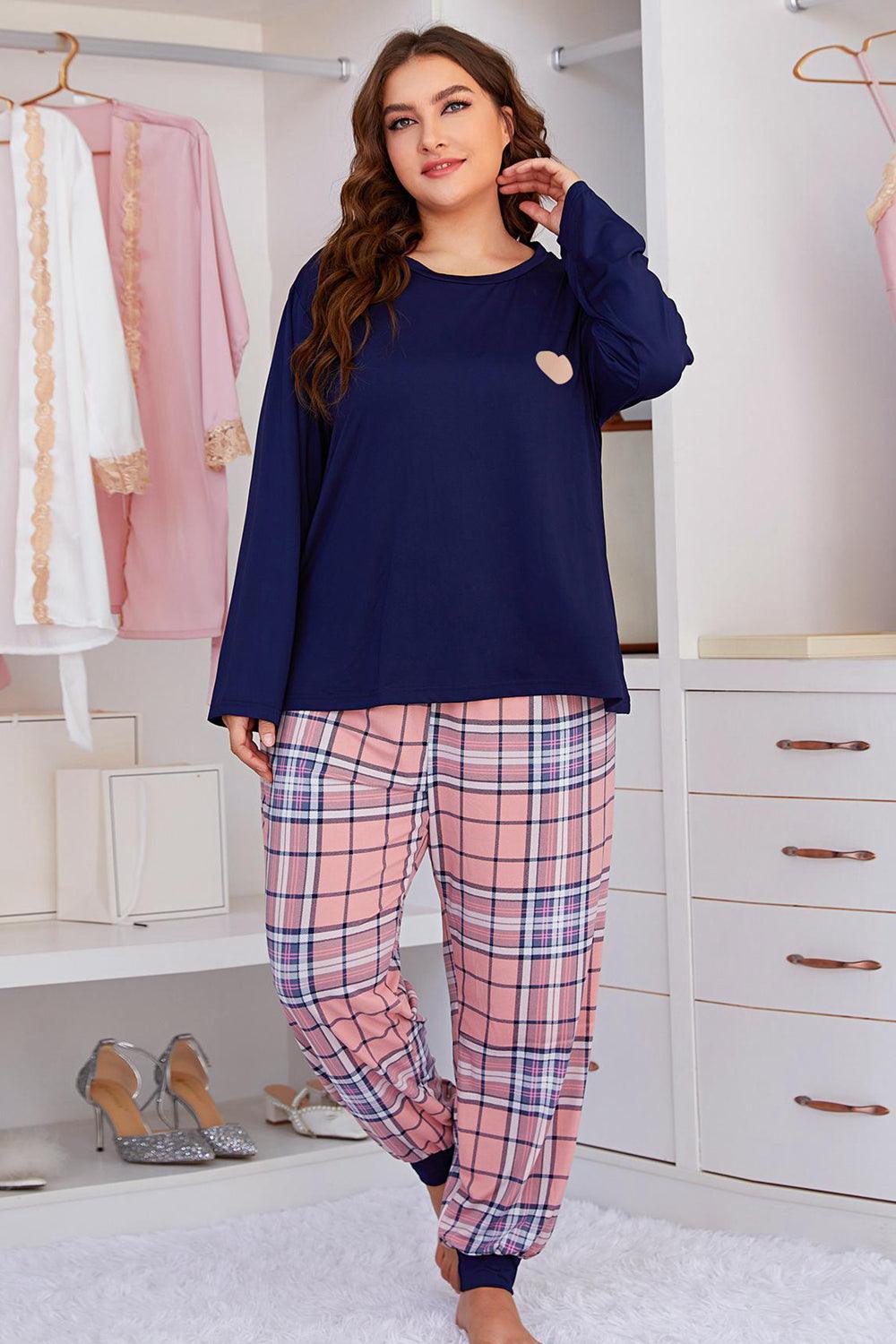 Plus Size Heart Graphic Top and Plaid Joggers Lounge Set - Olive Ave