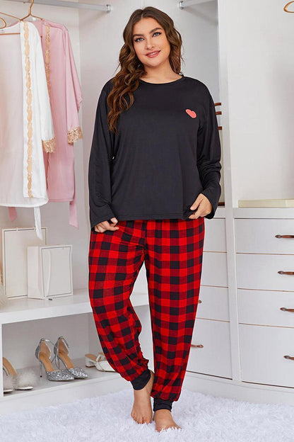 Plus Size Heart Graphic Top and Plaid Joggers Lounge Set - Olive Ave
