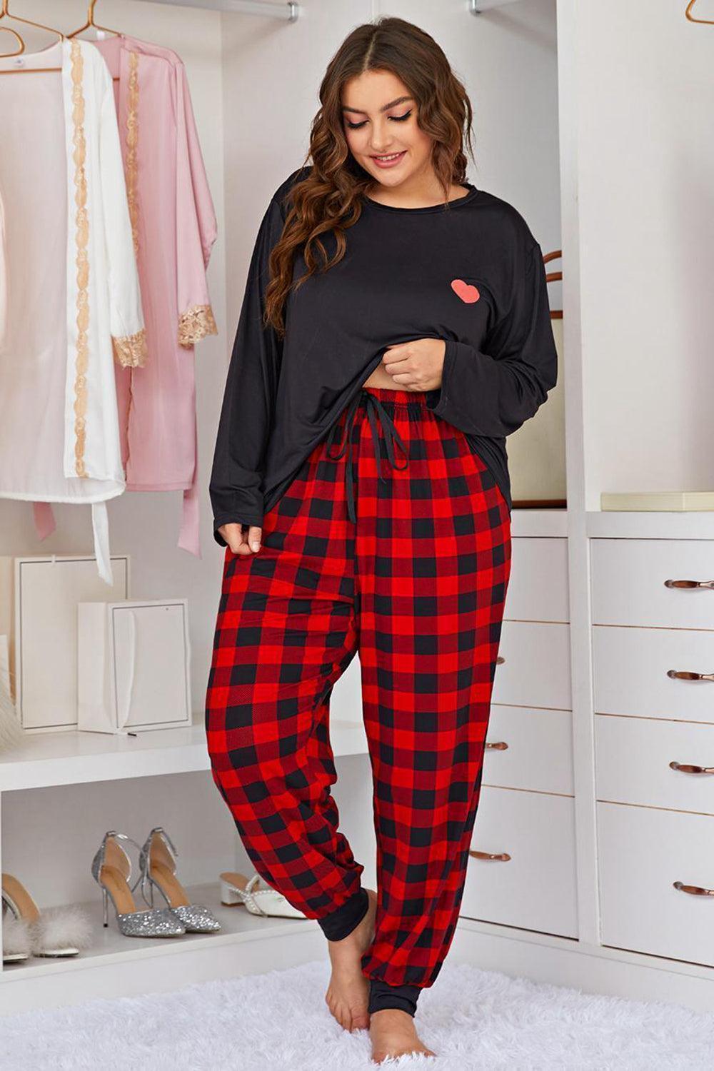 Plus Size Heart Graphic Top and Plaid Joggers Lounge Set - Olive Ave