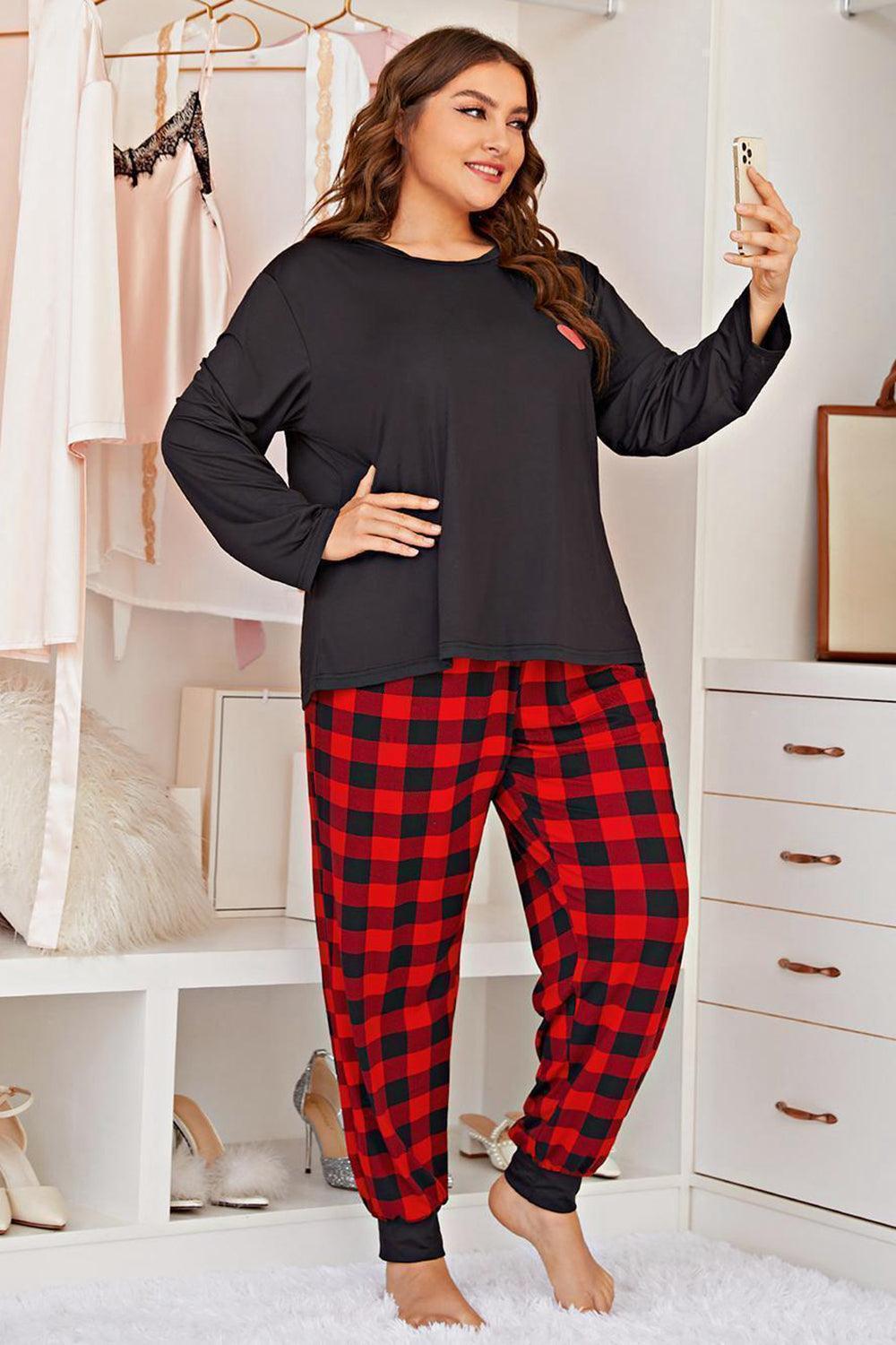 Plus Size Heart Graphic Top and Plaid Joggers Lounge Set - Olive Ave