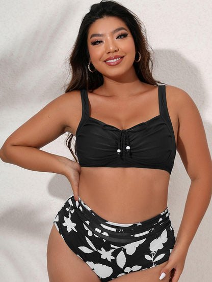 Plus Size Printed Gathered Detail Bikini Set - Olive Ave