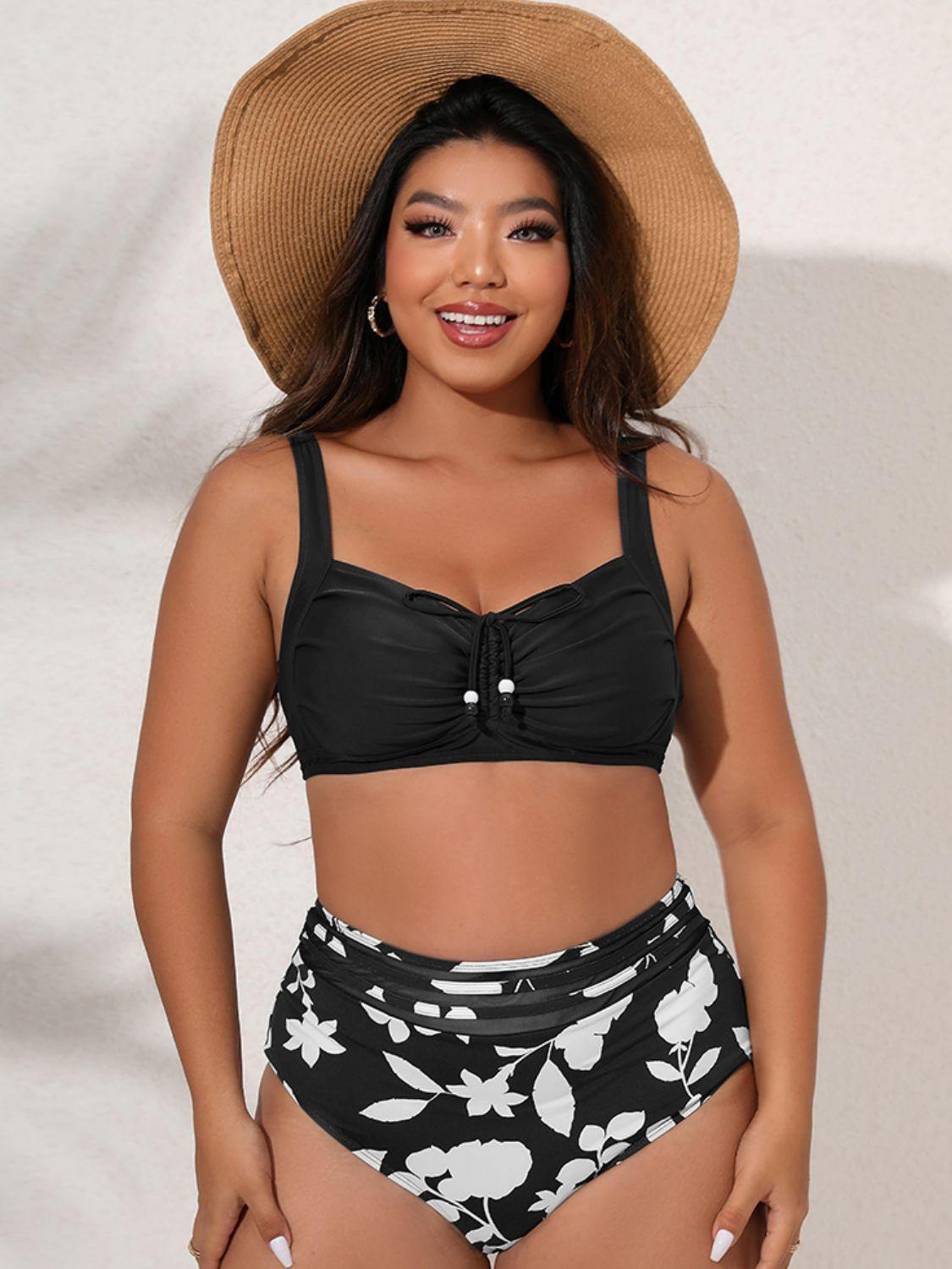 Plus Size Printed Gathered Detail Bikini Set - Olive Ave