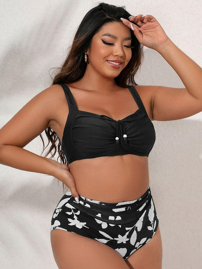 Plus Size Printed Gathered Detail Bikini Set - Olive Ave