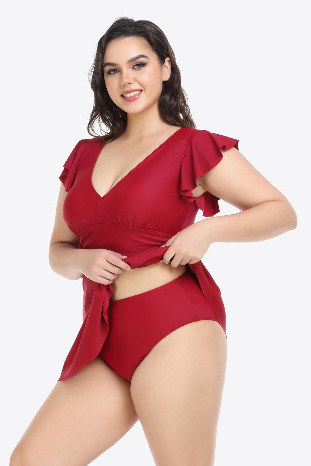 Plus Size Ruffled Plunge Swim Dress and Bottoms Set - Olive Ave