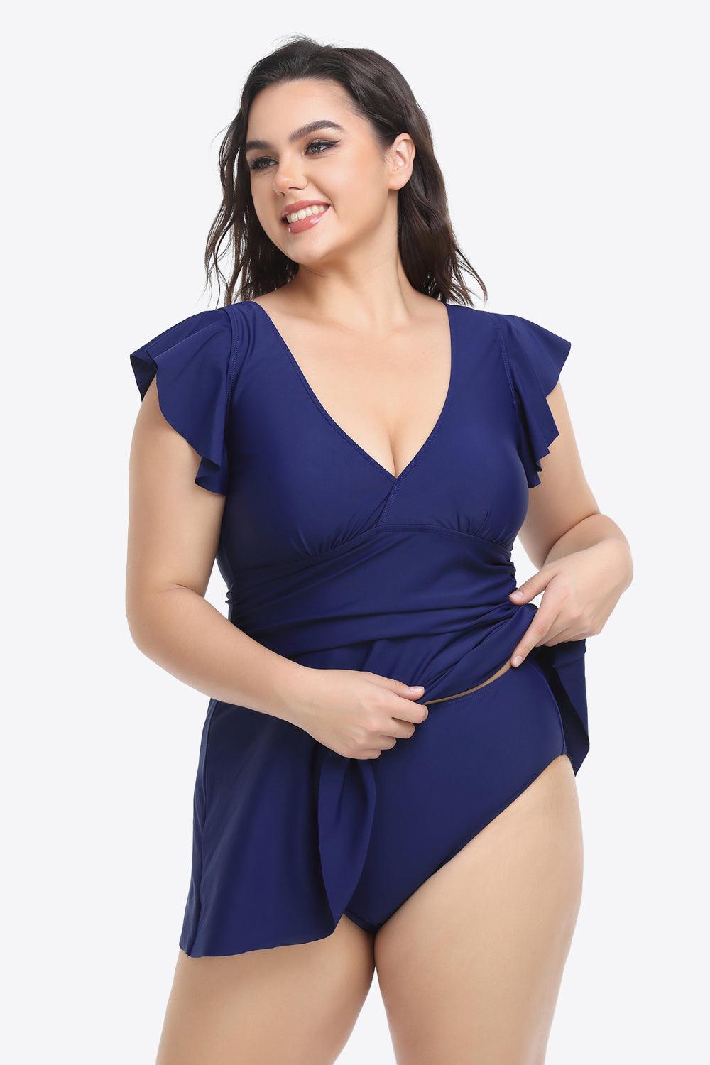 Plus Size Ruffled Plunge Swim Dress and Bottoms Set - Olive Ave